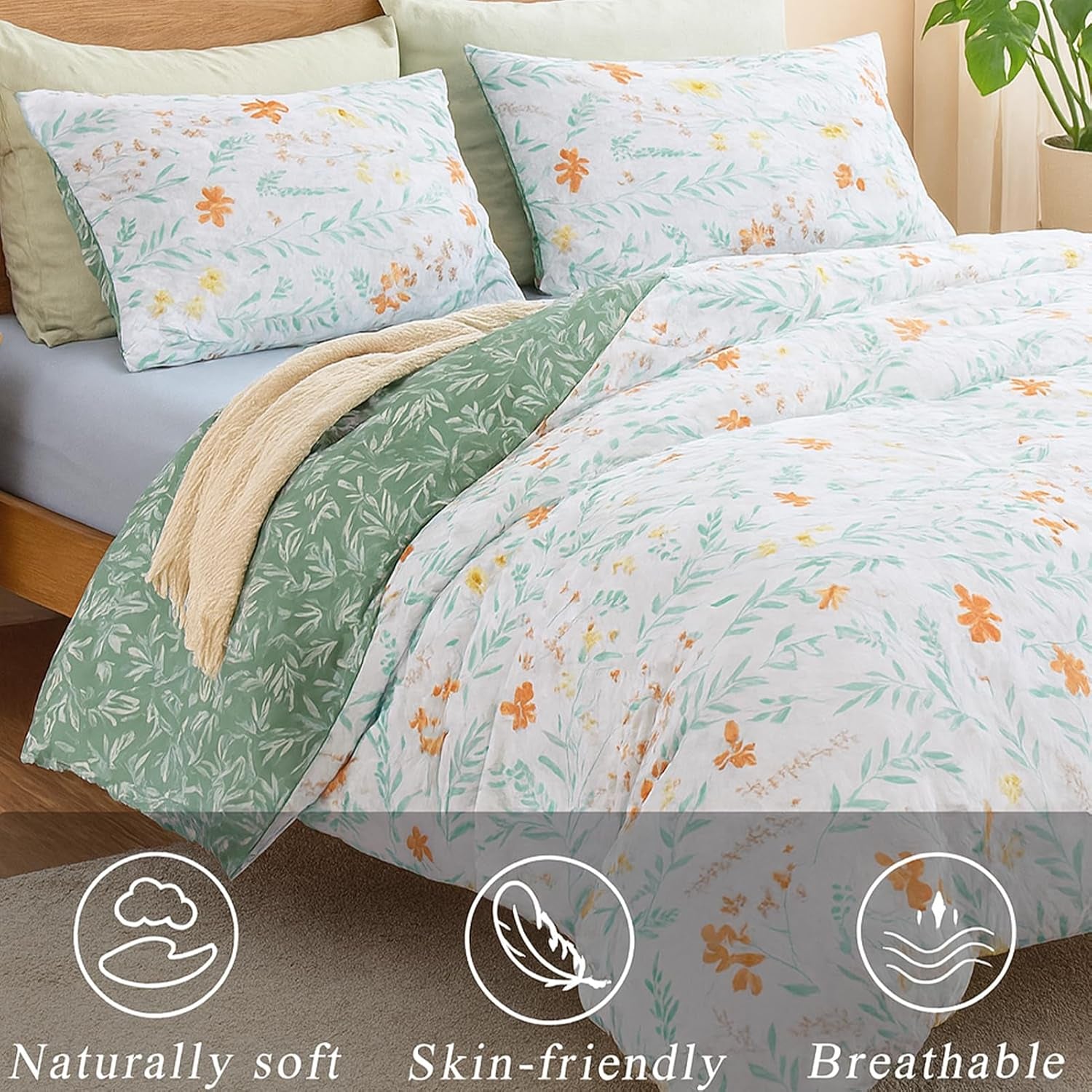 Green Floral Microfiber Duvet Cover Set 3Pcs Queen Bedding Comforter Cover Botanical Reversible Quilt Ultra Soft Bedspread Zipper Closure Cozy Farmhouse Boho Cottage Style Bedroom Essentials