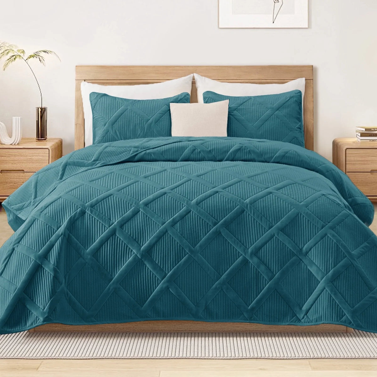 Ultrasonic King Quilt Set, 3-Piece Lightweight Bedspreads Modern Striped Coverlet, White