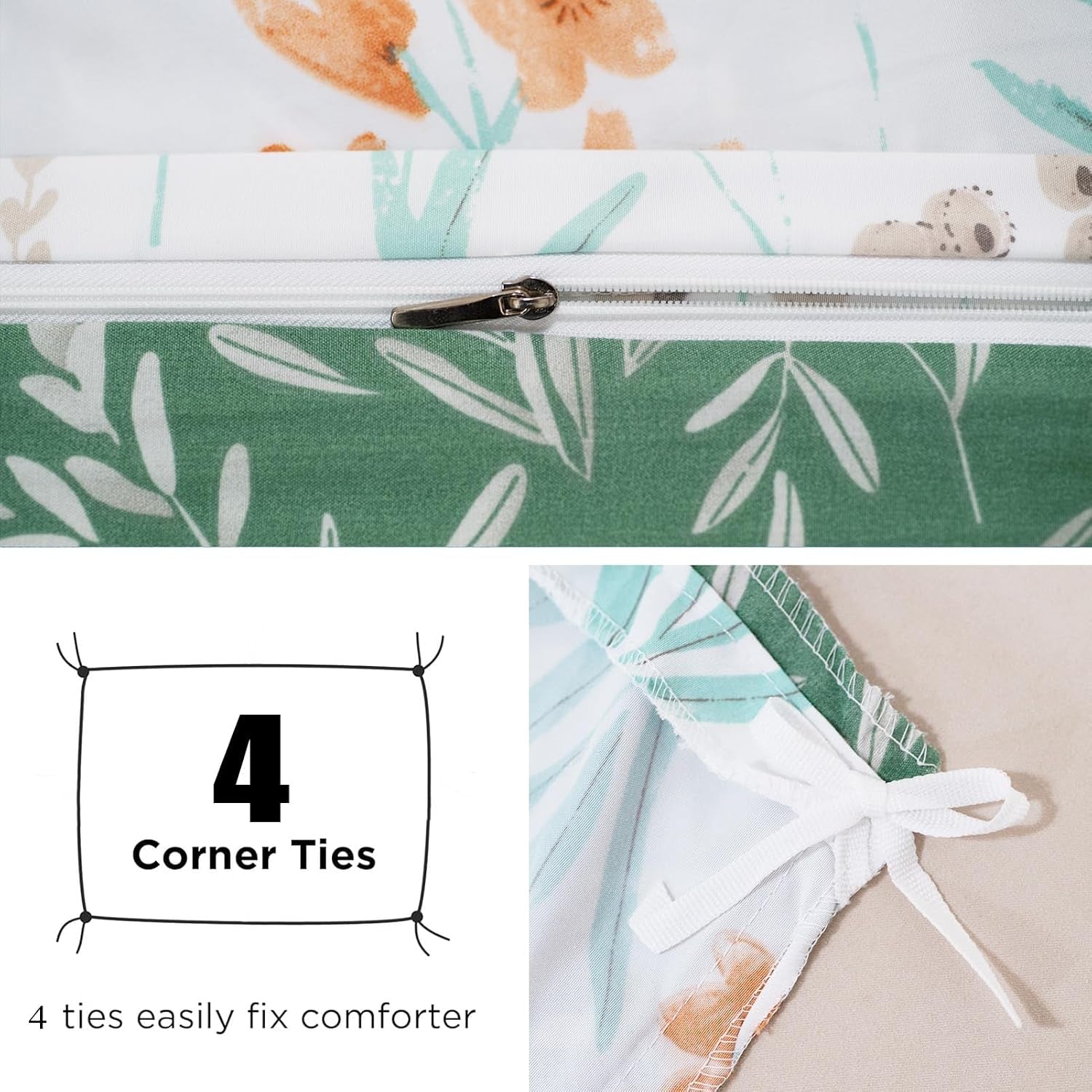 Green Floral Microfiber Duvet Cover Set 3Pcs Queen Bedding Comforter Cover Botanical Reversible Quilt Ultra Soft Bedspread Zipper Closure Cozy Farmhouse Boho Cottage Style Bedroom Essentials