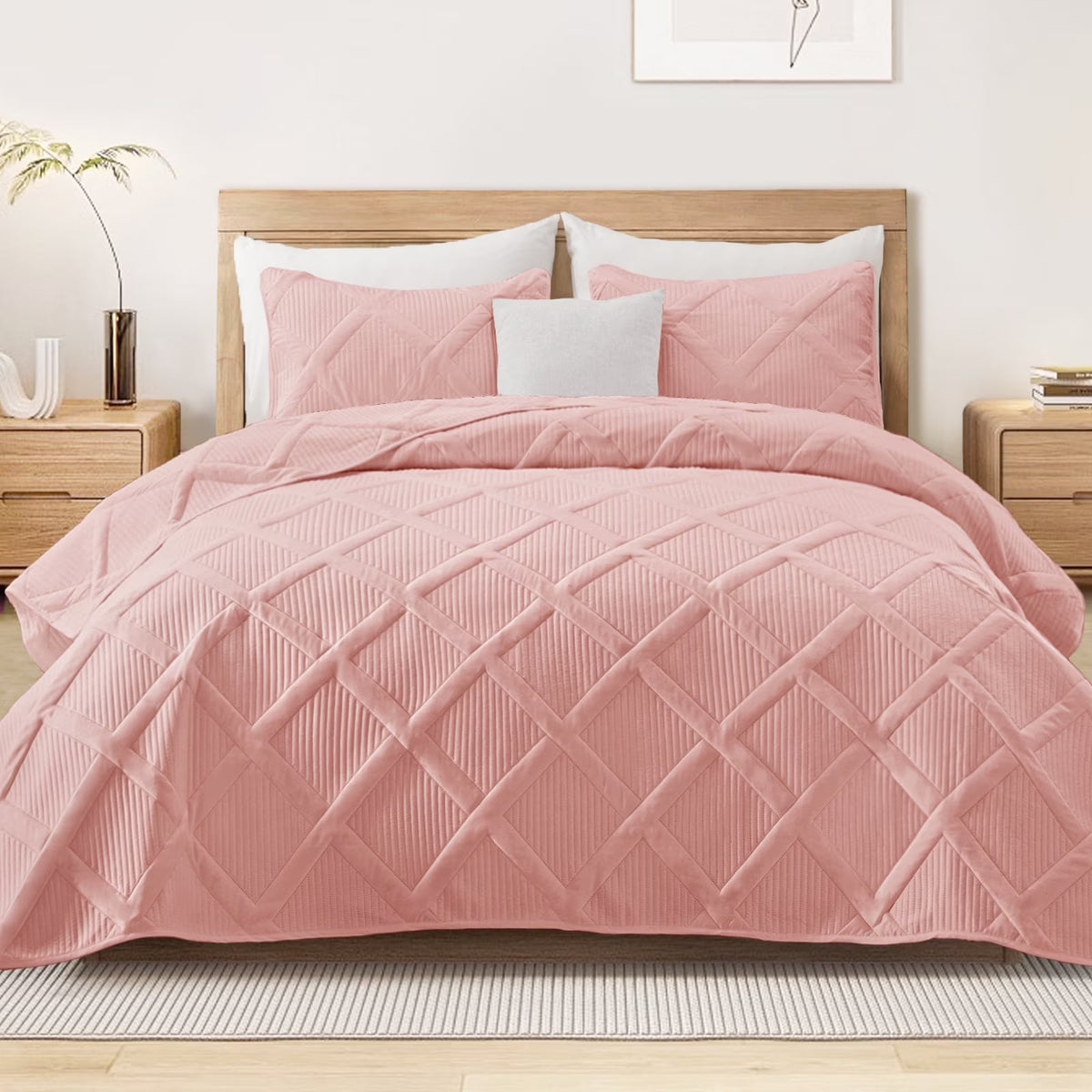 Ultrasonic King Quilt Set, 3-Piece Lightweight Bedspreads Modern Striped Coverlet, White