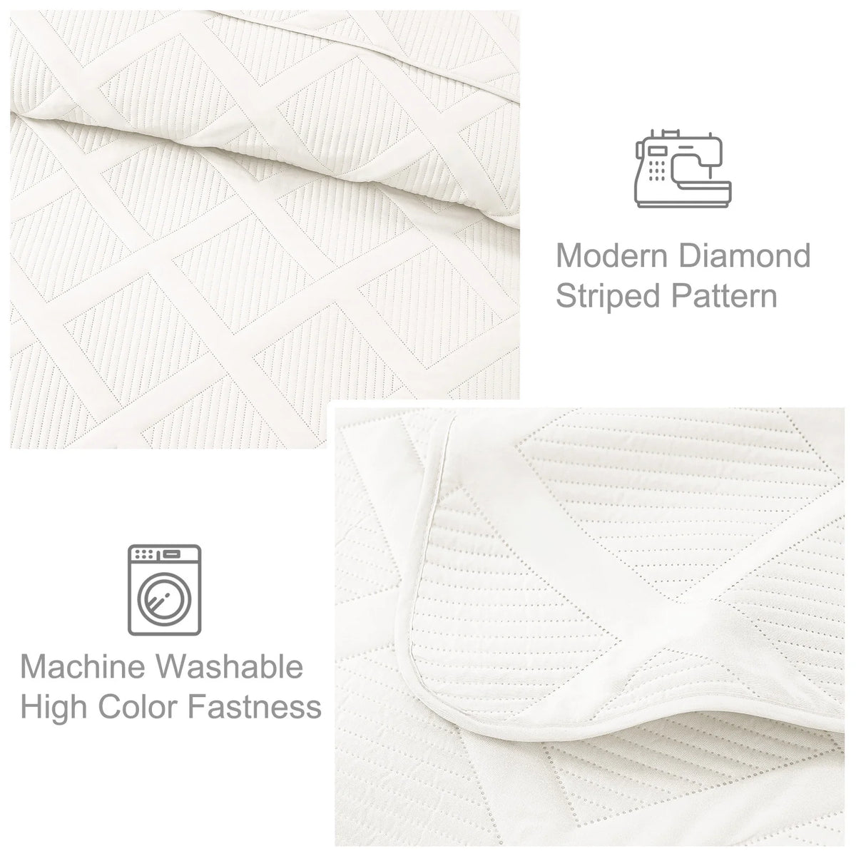 Ultrasonic King Quilt Set, 3-Piece Lightweight Bedspreads Modern Striped Coverlet, White