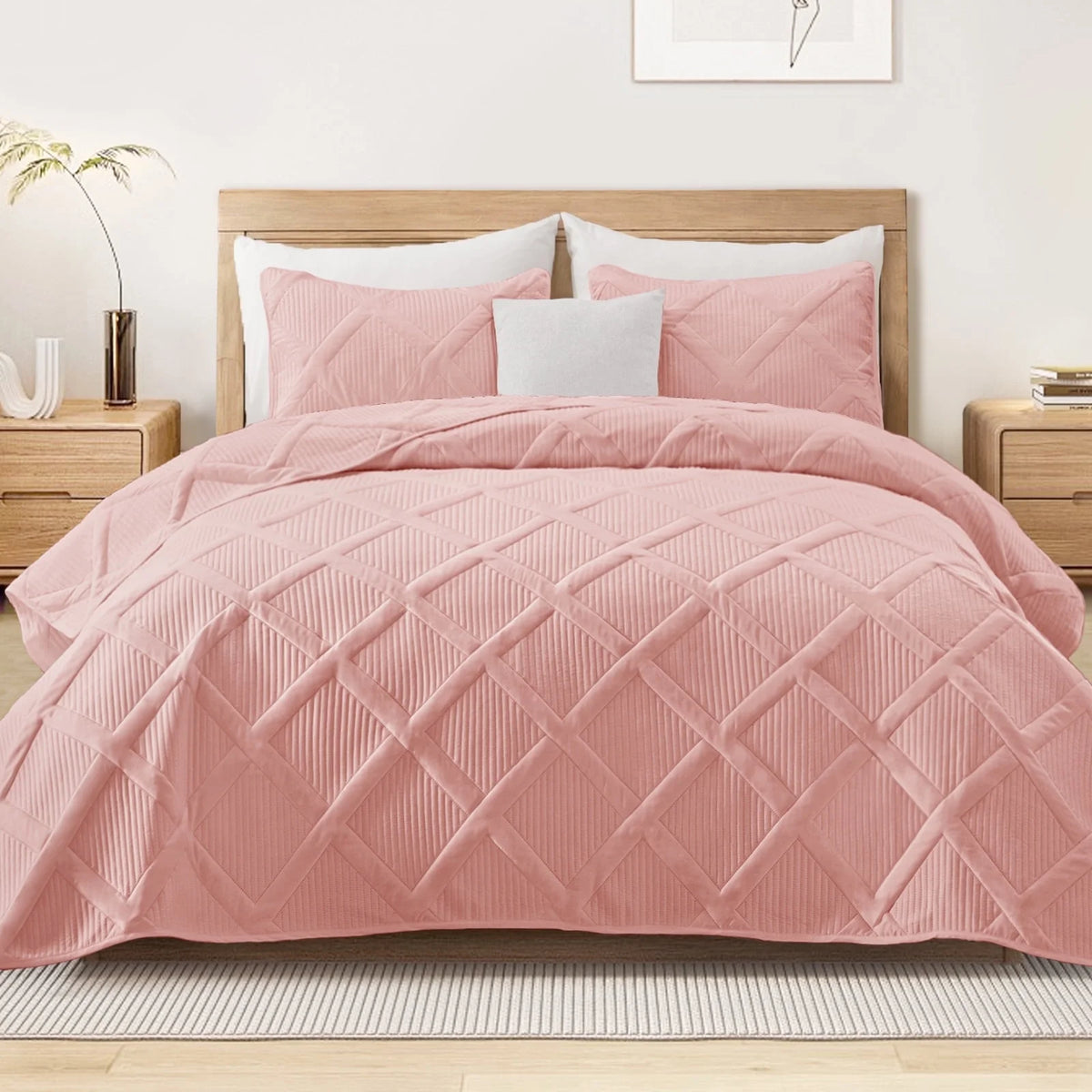 Ultrasonic King Quilt Set, 3-Piece Lightweight Bedspreads Modern Striped Coverlet, White