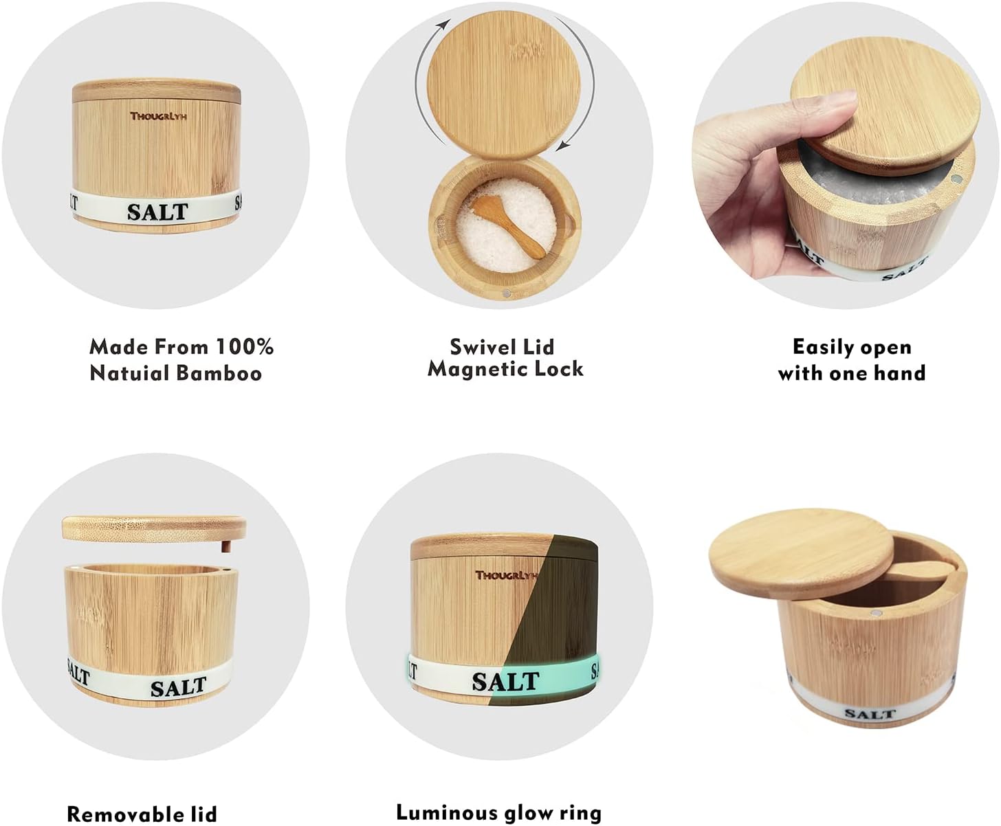 Salt Cellar with Lid, Bamboo Wood Salt Containers for Countertop | Built-In Spoon, Magnetic Swivel Lid, Luminous Engraved SALT Label Holder, 8Oz Kitchen Salt Box for Sea Salt, Pepper & Spices