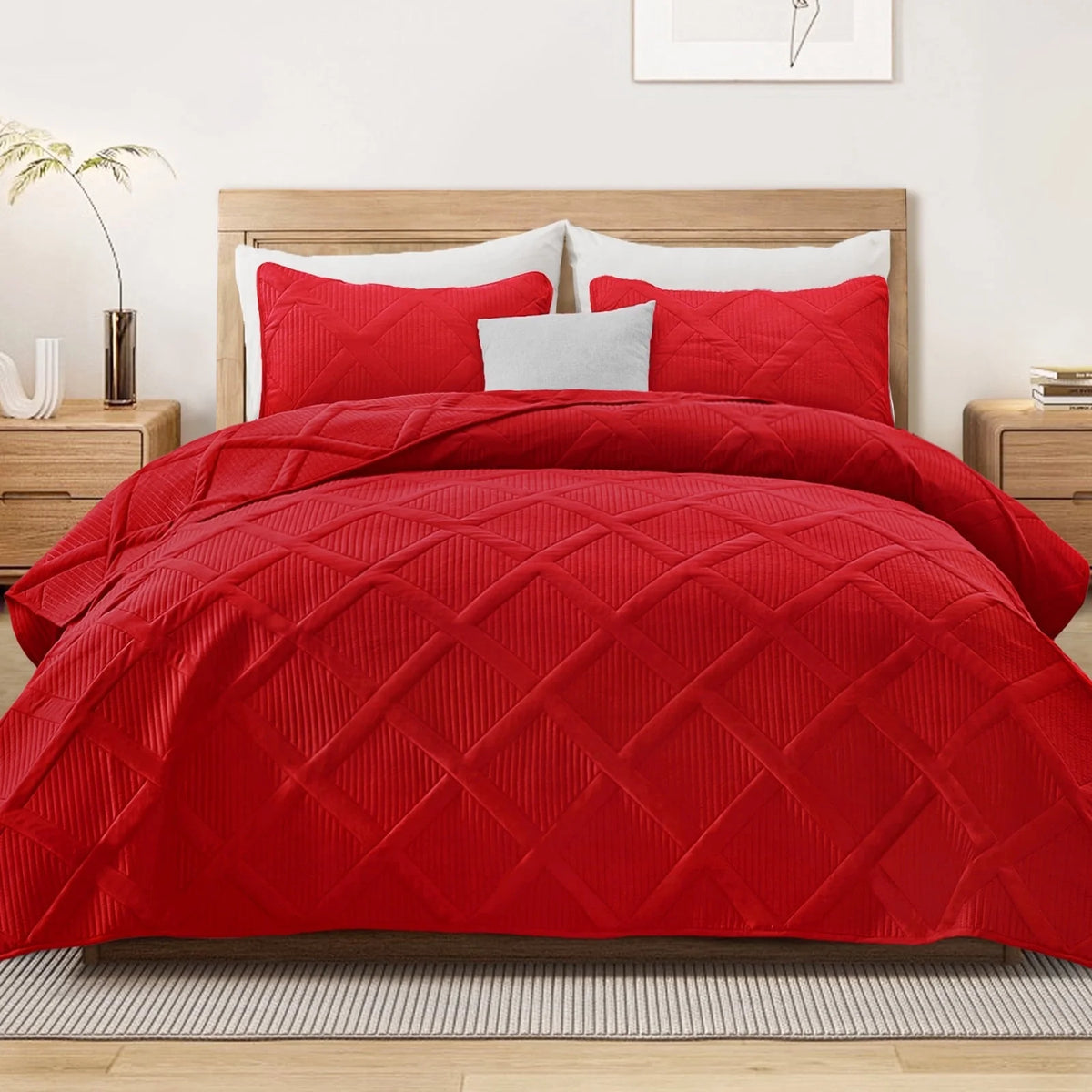 Ultrasonic King Quilt Set, 3-Piece Lightweight Bedspreads Modern Striped Coverlet, White