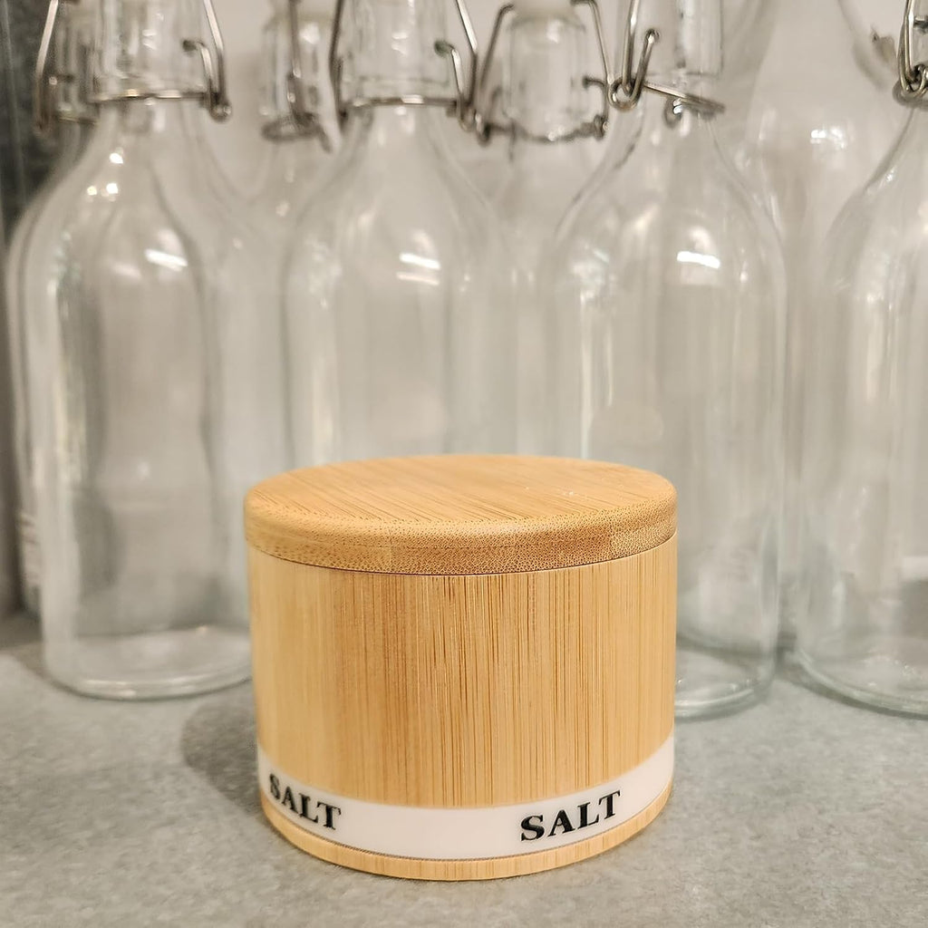 Salt Cellar with Lid, Bamboo Wood Salt Containers for Countertop | Built-In Spoon, Magnetic Swivel Lid, Luminous Engraved SALT Label Holder, 8Oz Kitchen Salt Box for Sea Salt, Pepper & Spices