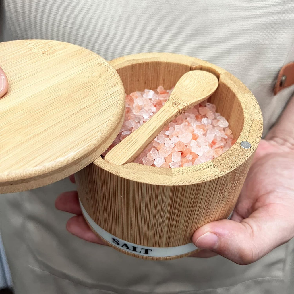 Salt Cellar with Lid, Bamboo Wood Salt Containers for Countertop | Built-In Spoon, Magnetic Swivel Lid, Luminous Engraved SALT Label Holder, 8Oz Kitchen Salt Box for Sea Salt, Pepper & Spices
