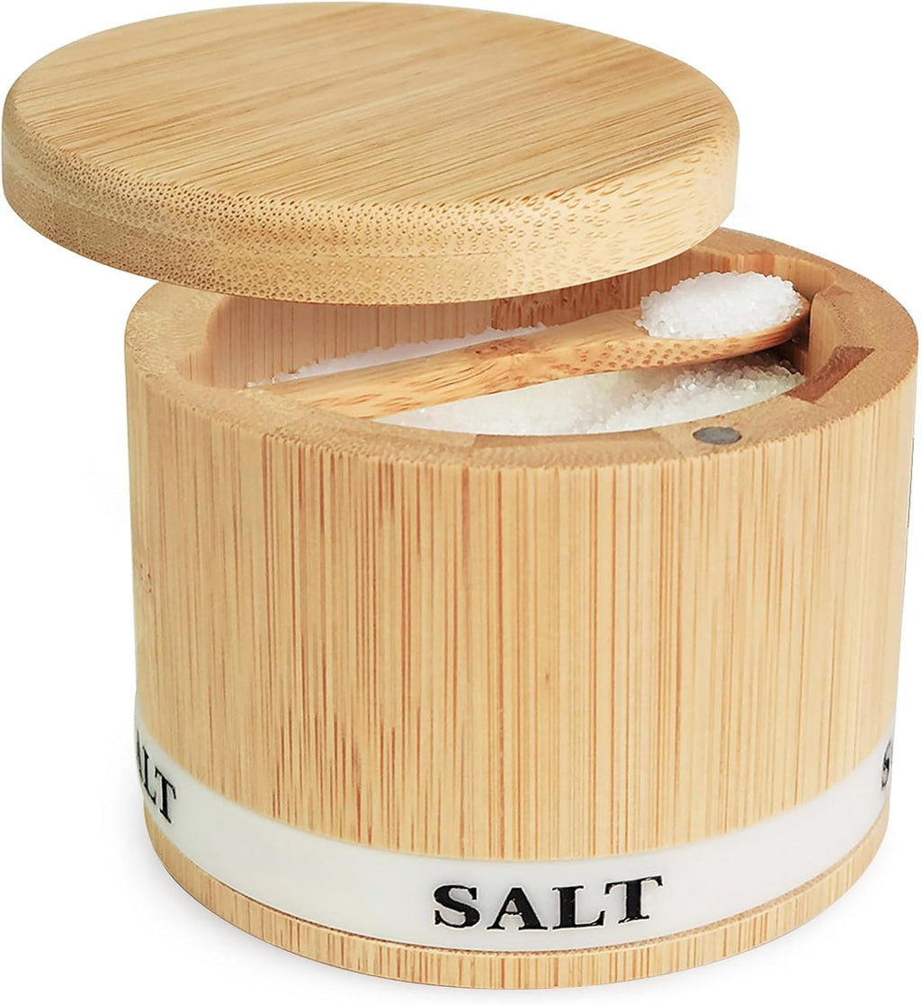 Salt Cellar with Lid, Bamboo Wood Salt Containers for Countertop | Built-In Spoon, Magnetic Swivel Lid, Luminous Engraved SALT Label Holder, 8Oz Kitchen Salt Box for Sea Salt, Pepper & Spices