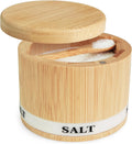Salt Cellar with Lid, Bamboo Wood Salt Containers for Countertop | Built-In Spoon, Magnetic Swivel Lid, Luminous Engraved SALT Label Holder, 8Oz Kitchen Salt Box for Sea Salt, Pepper & Spices