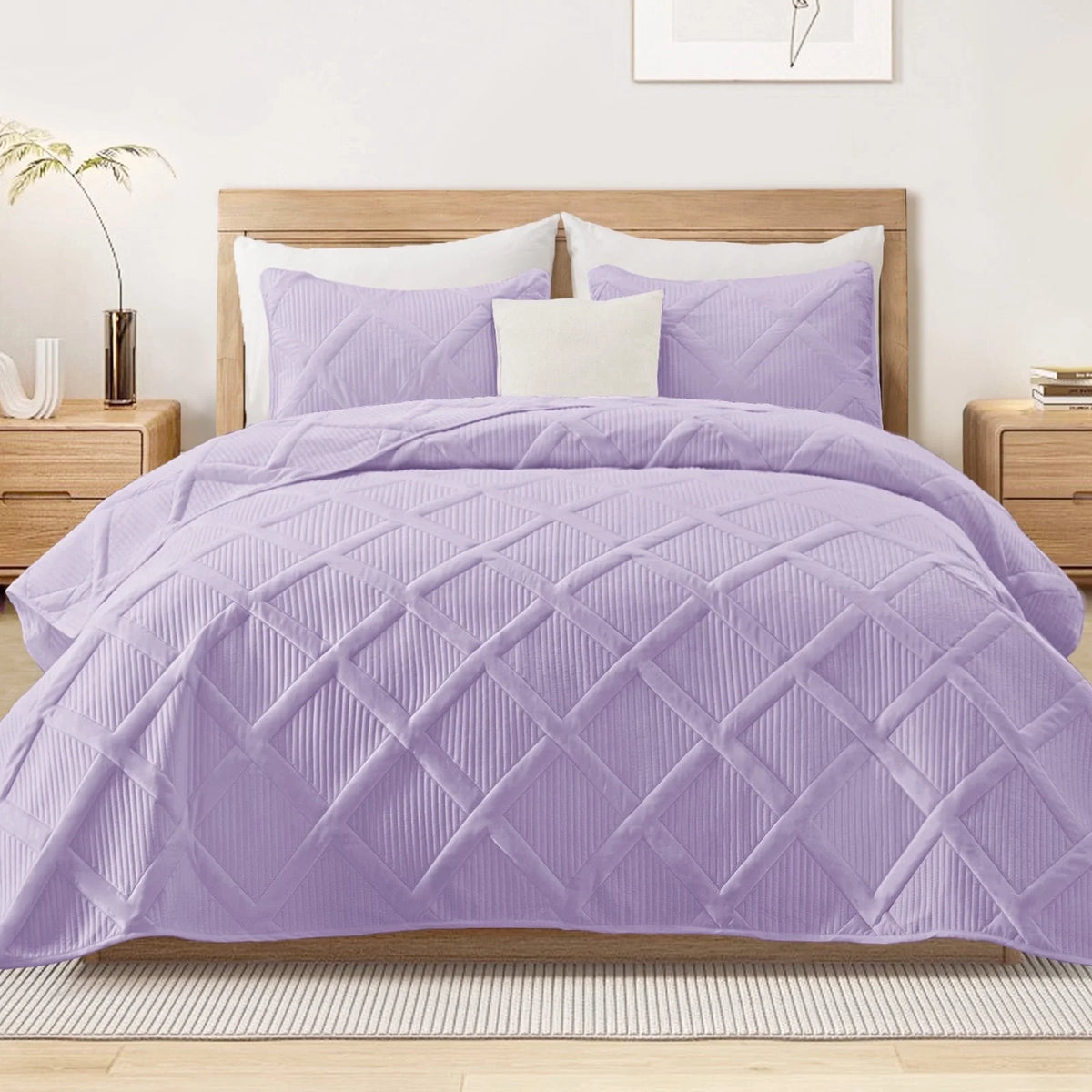 Ultrasonic King Quilt Set, 3-Piece Lightweight Bedspreads Modern Striped Coverlet, White