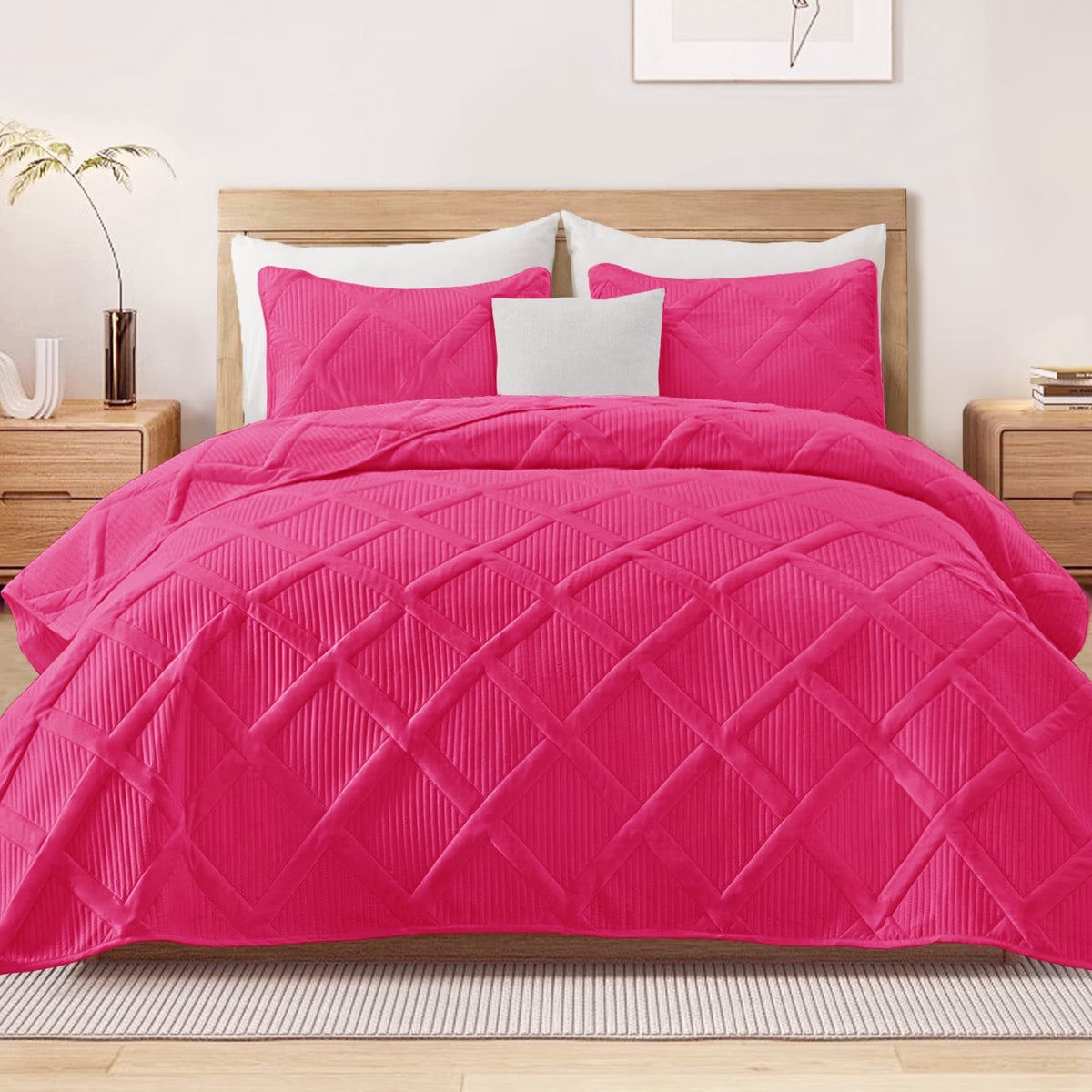 Ultrasonic King Quilt Set, 3-Piece Lightweight Bedspreads Modern Striped Coverlet, White