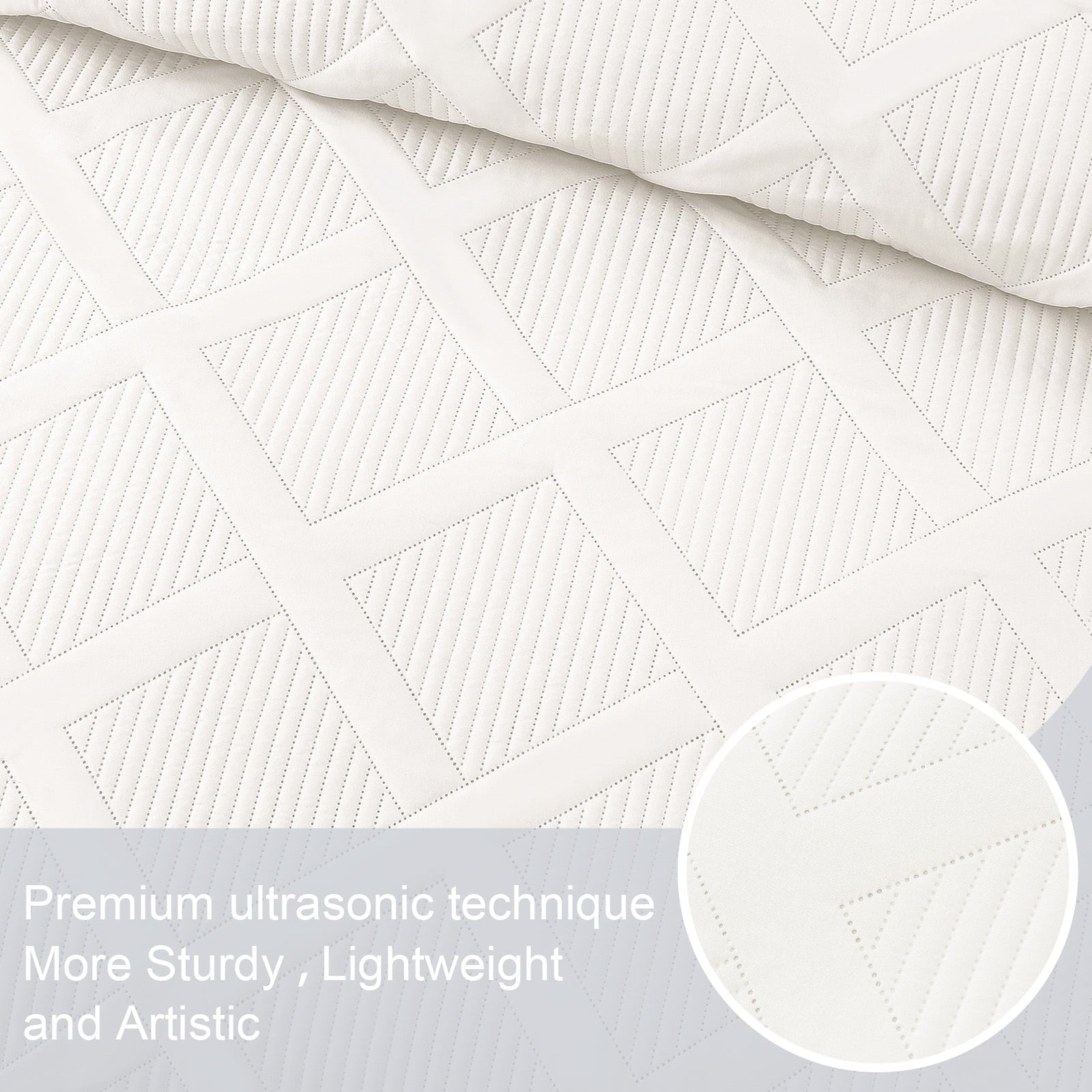 Ultrasonic King Quilt Set, 3-Piece Lightweight Bedspreads Modern Striped Coverlet, White