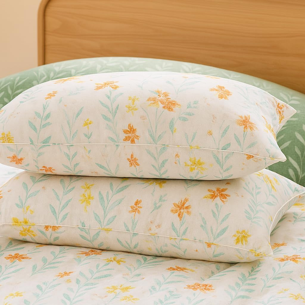 Green Floral Microfiber Duvet Cover Set 3Pcs Queen Bedding Comforter Cover Botanical Reversible Quilt Ultra Soft Bedspread Zipper Closure Cozy Farmhouse Boho Cottage Style Bedroom Essentials