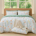 Green Floral Microfiber Duvet Cover Set 3Pcs Queen Bedding Comforter Cover Botanical Reversible Quilt Ultra Soft Bedspread Zipper Closure Cozy Farmhouse Boho Cottage Style Bedroom Essentials