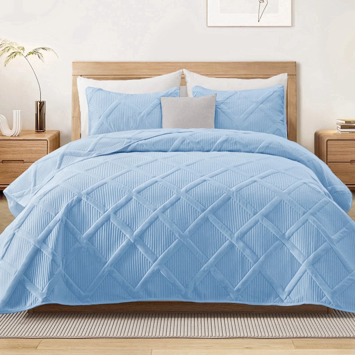 Ultrasonic King Quilt Set, 3-Piece Lightweight Bedspreads Modern Striped Coverlet, White