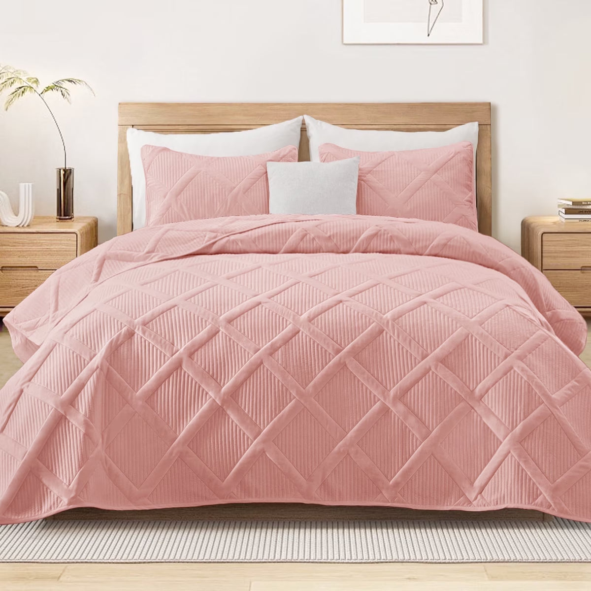 Ultrasonic King Quilt Set, 3-Piece Lightweight Bedspreads Modern Striped Coverlet, White