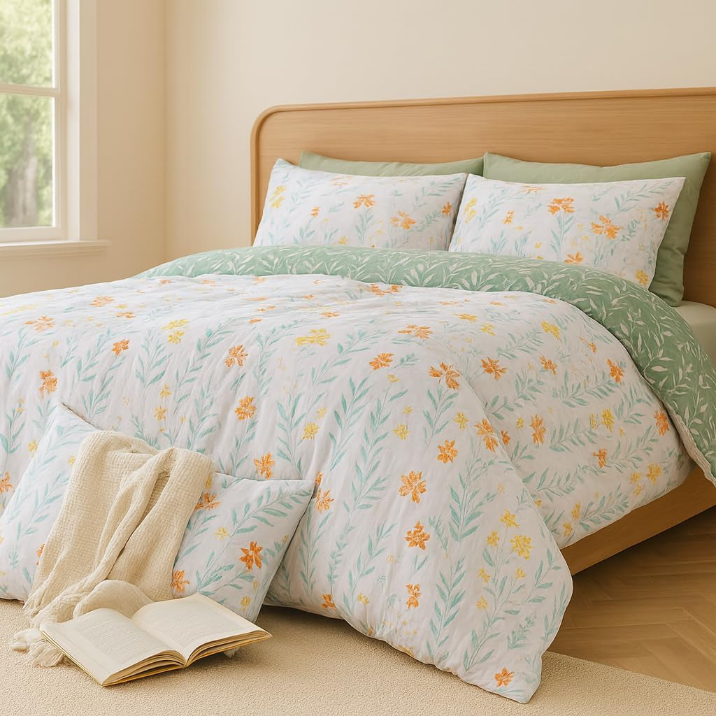 Green Floral Microfiber Duvet Cover Set 3Pcs Queen Bedding Comforter Cover Botanical Reversible Quilt Ultra Soft Bedspread Zipper Closure Cozy Farmhouse Boho Cottage Style Bedroom Essentials
