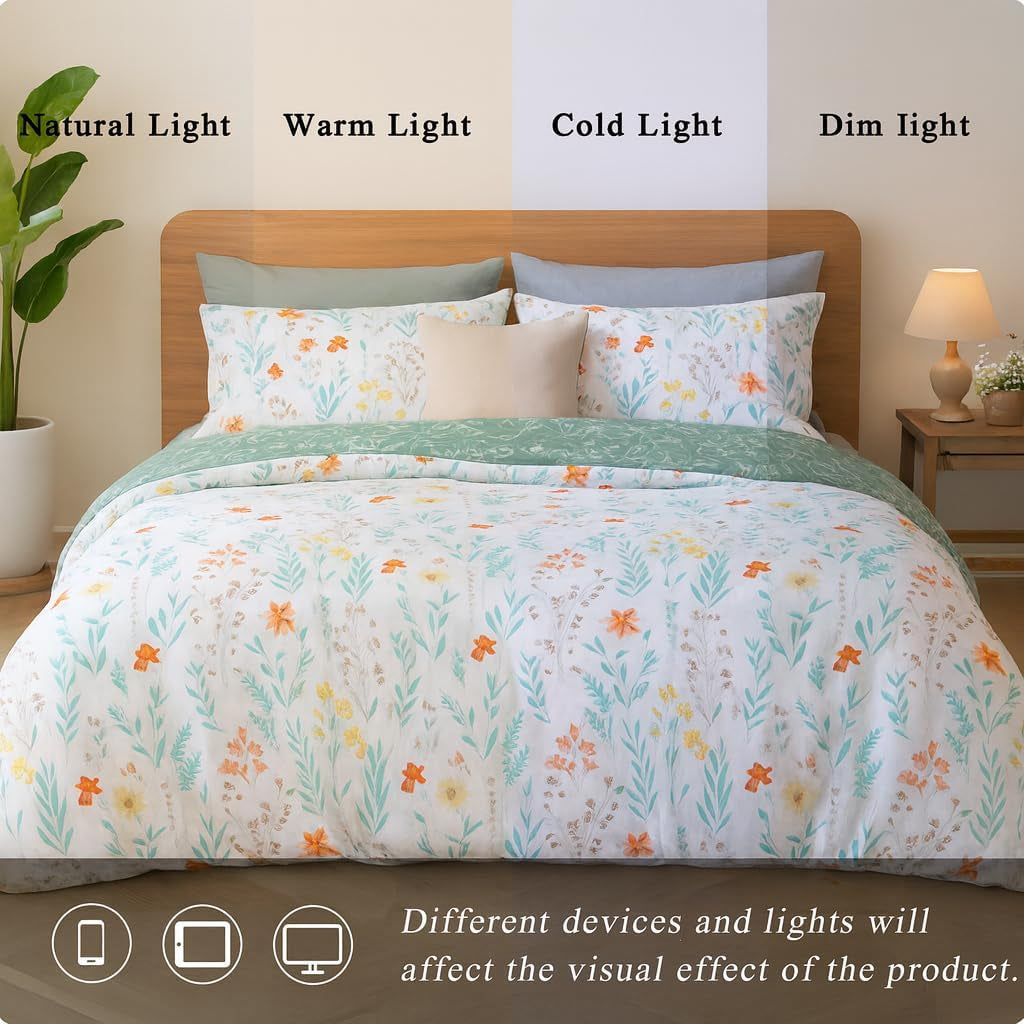 Green Floral Microfiber Duvet Cover Set 3Pcs Queen Bedding Comforter Cover Botanical Reversible Quilt Ultra Soft Bedspread Zipper Closure Cozy Farmhouse Boho Cottage Style Bedroom Essentials