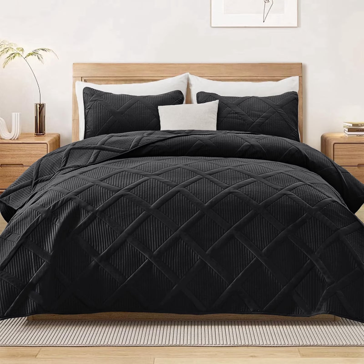 Ultrasonic King Quilt Set, 3-Piece Lightweight Bedspreads Modern Striped Coverlet, White