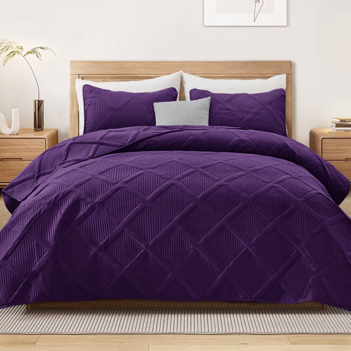 Ultrasonic King Quilt Set, 3-Piece Lightweight Bedspreads Modern Striped Coverlet, White