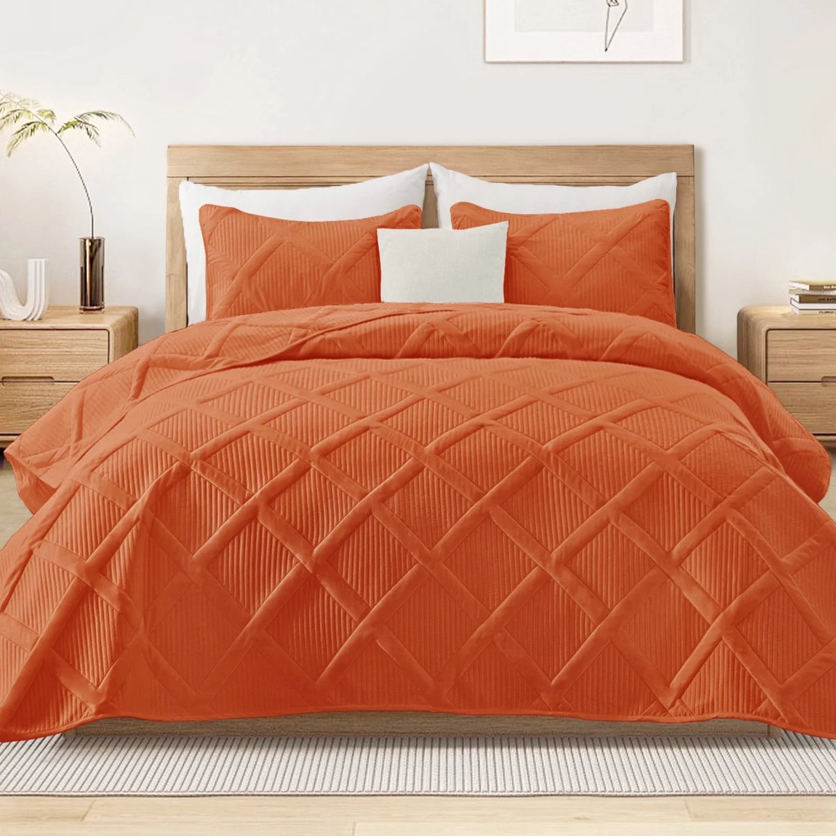 Ultrasonic King Quilt Set, 3-Piece Lightweight Bedspreads Modern Striped Coverlet, White