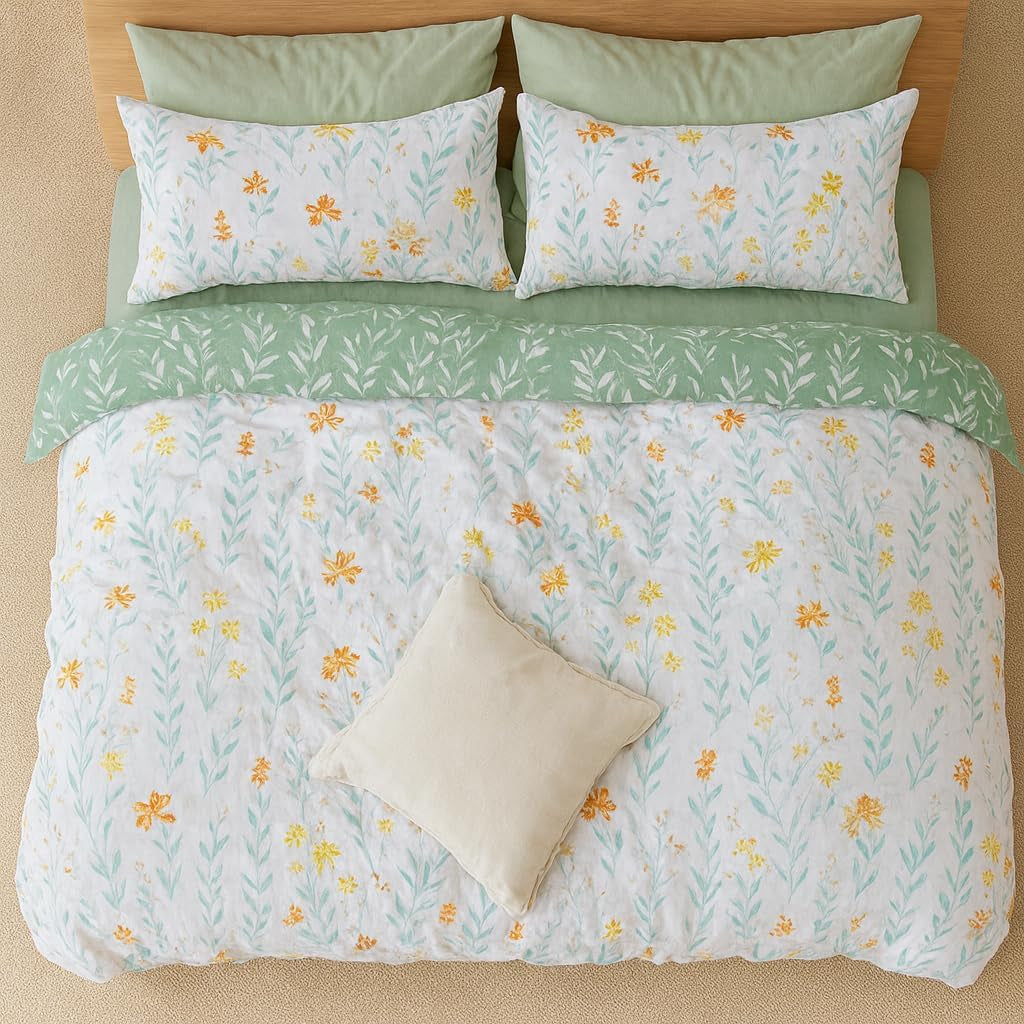 Green Floral Microfiber Duvet Cover Set 3Pcs Queen Bedding Comforter Cover Botanical Reversible Quilt Ultra Soft Bedspread Zipper Closure Cozy Farmhouse Boho Cottage Style Bedroom Essentials