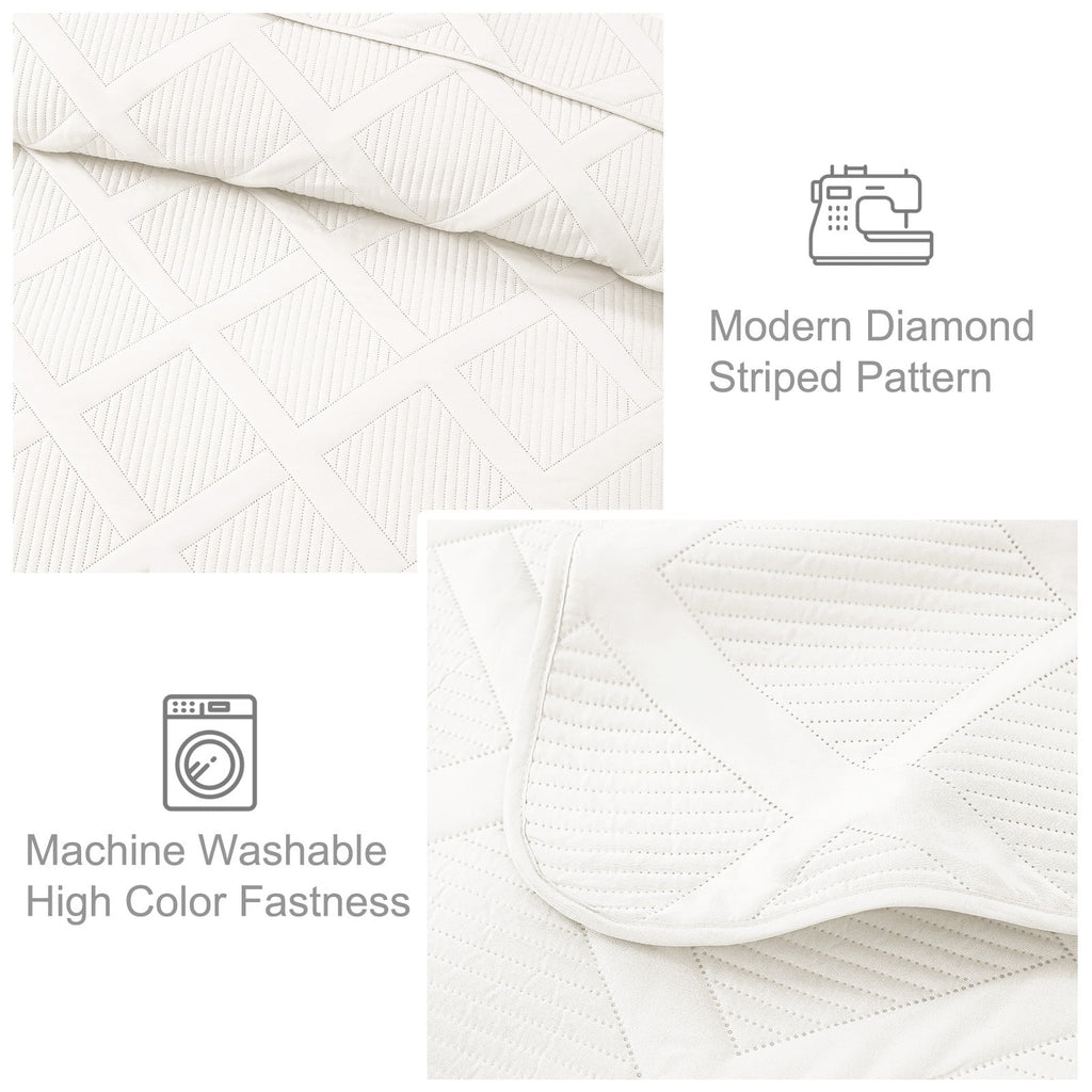 Ultrasonic King Quilt Set, 3-Piece Lightweight Bedspreads Modern Striped Coverlet, White